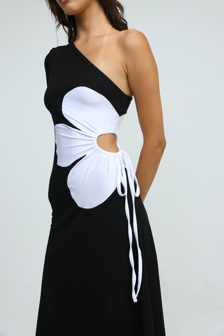Floraison Black One Shoulder Dress
