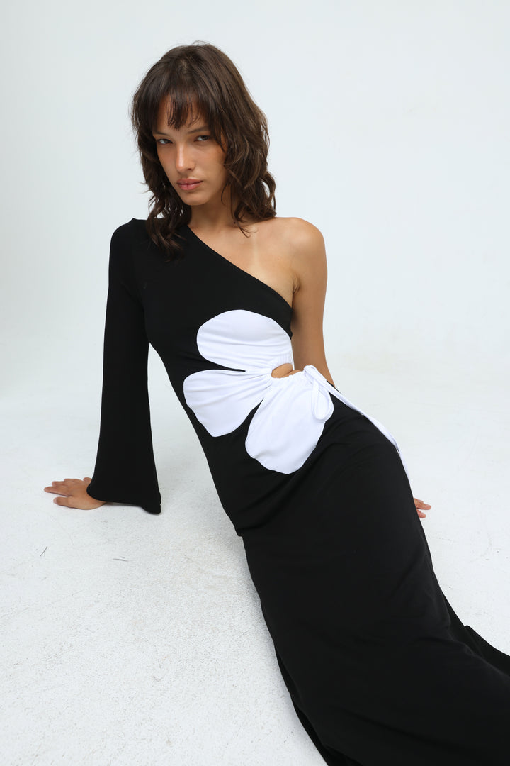 Floraison Black One Shoulder Dress