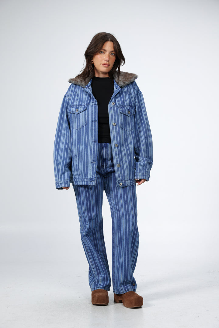 Farm Blue Striped Denim Jacket