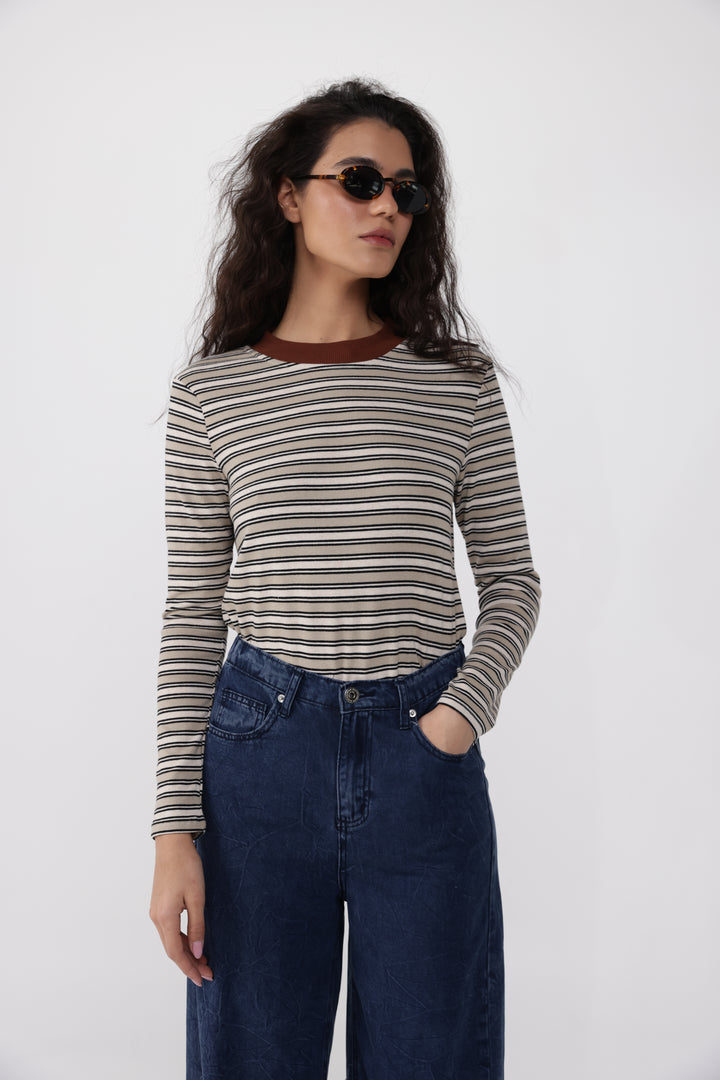 Rebasically Beige&Black Stripes Shirt