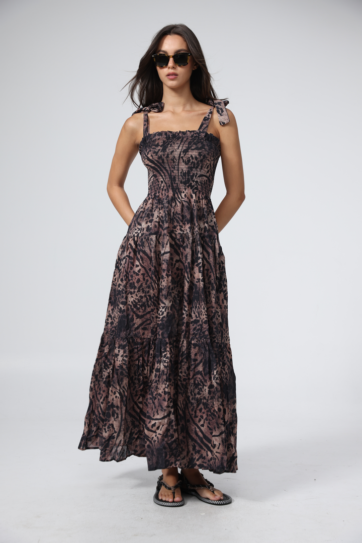 שמלה מנומרת בהירה עם רצועות כתף Bell Light Leopard Dress