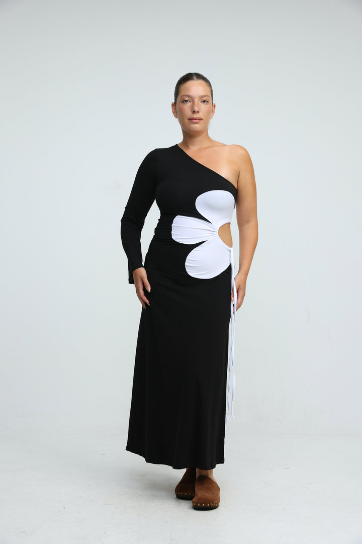 Floraison Black One Shoulder Dress