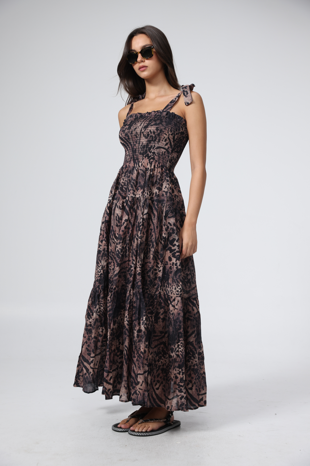 שמלה ארוכה גוון מנומר בהיר שחור Bell Light Leopard Dress
