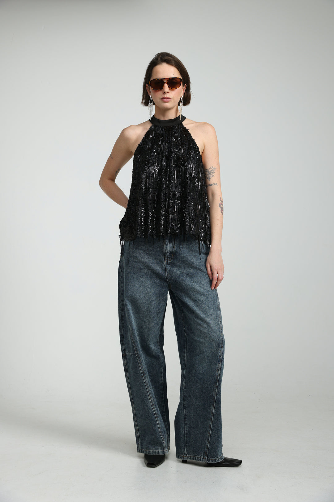 Sequin Fringe Black Top
