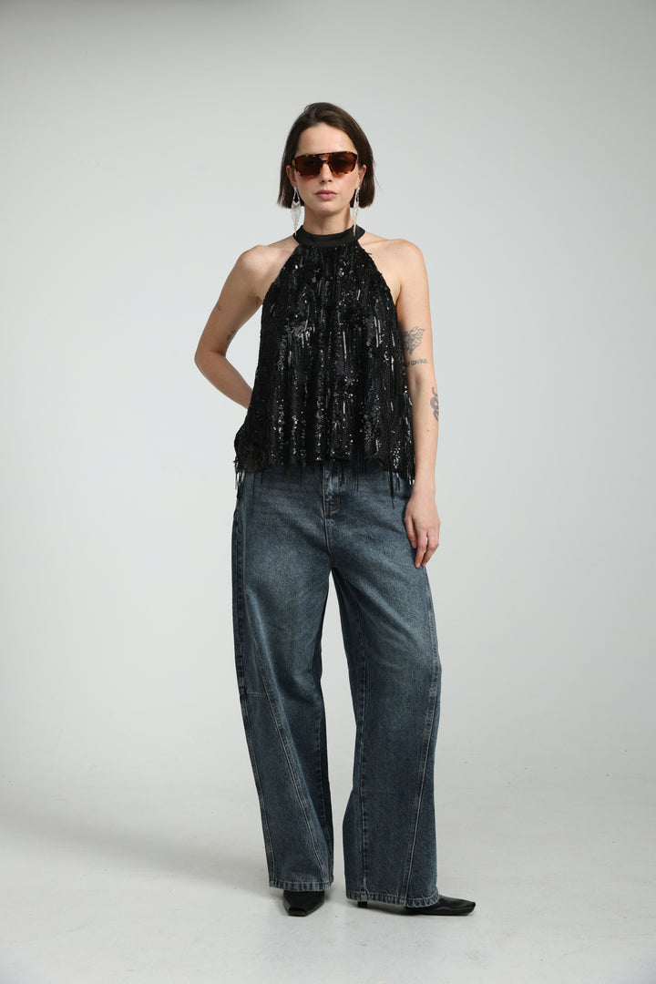 Sequin Fringe Black Top