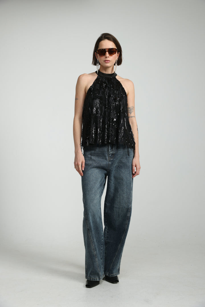 Sequin Fringe Black Top
