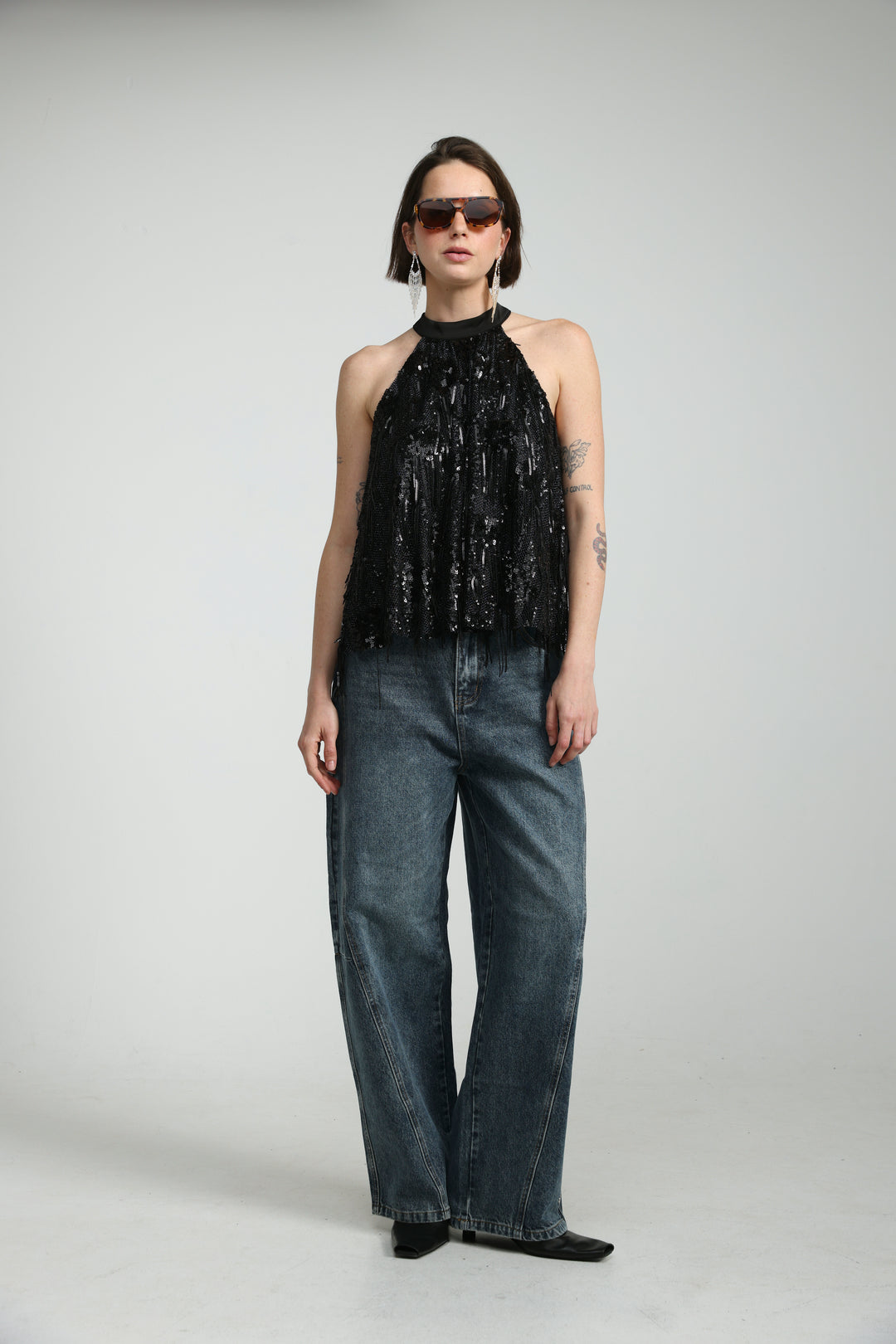 Sequin Fringe Black Top