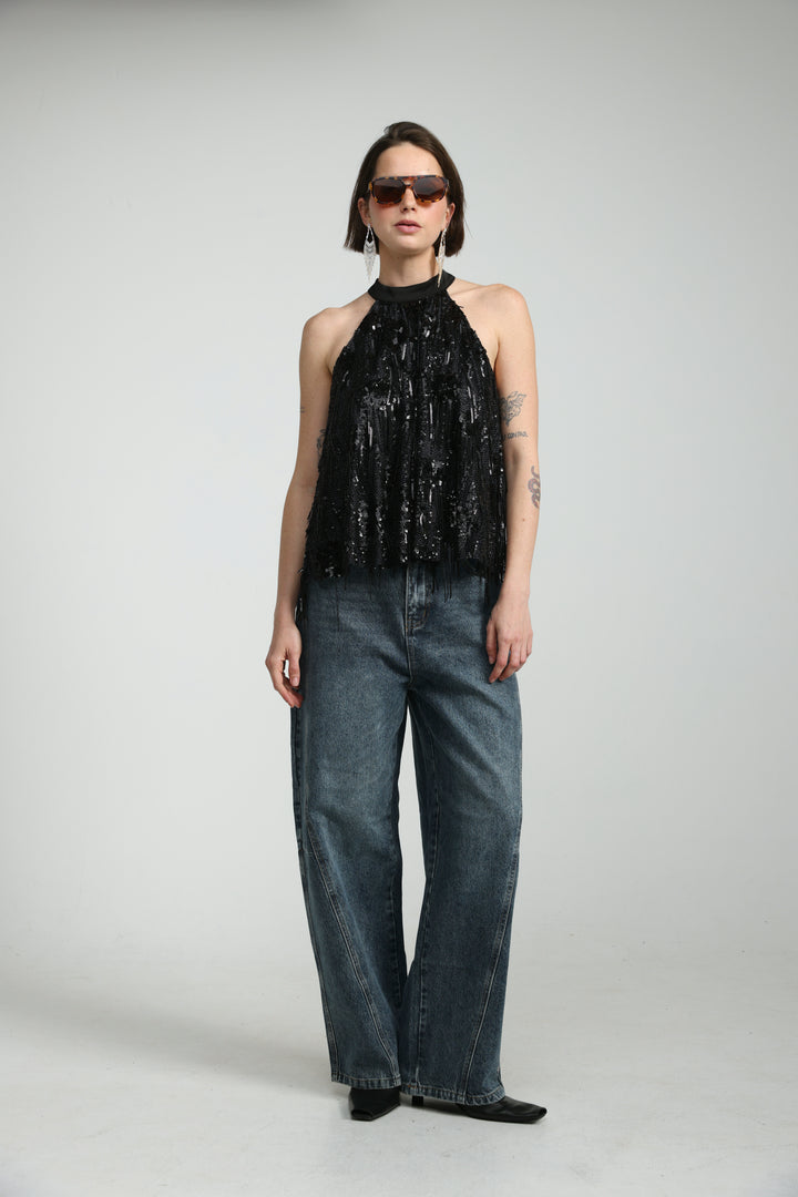 Sequin Fringe Black Top
