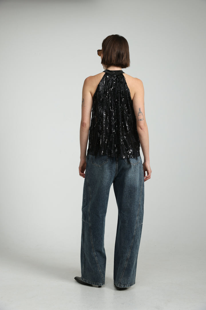 Sequin Fringe Black Top