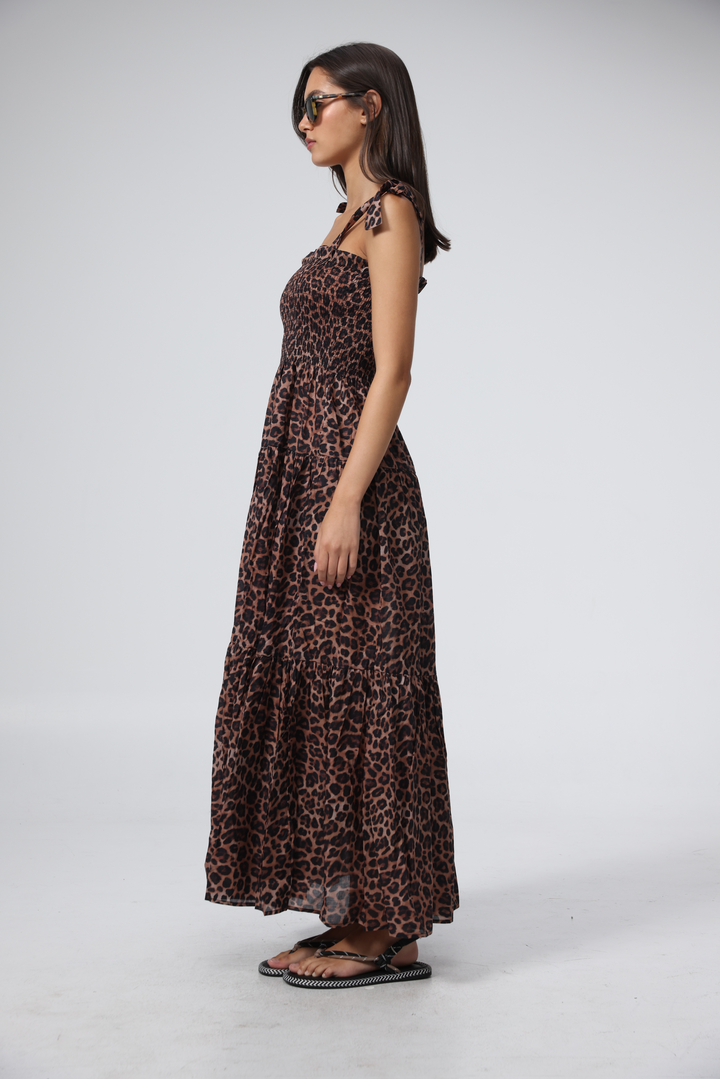 שמלת מקסי מנומרת עם רצועות כתף Bell Leopard Dress
