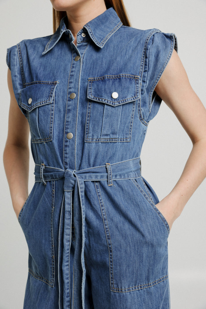 Wide Leg Blue Denim Jumpsuit