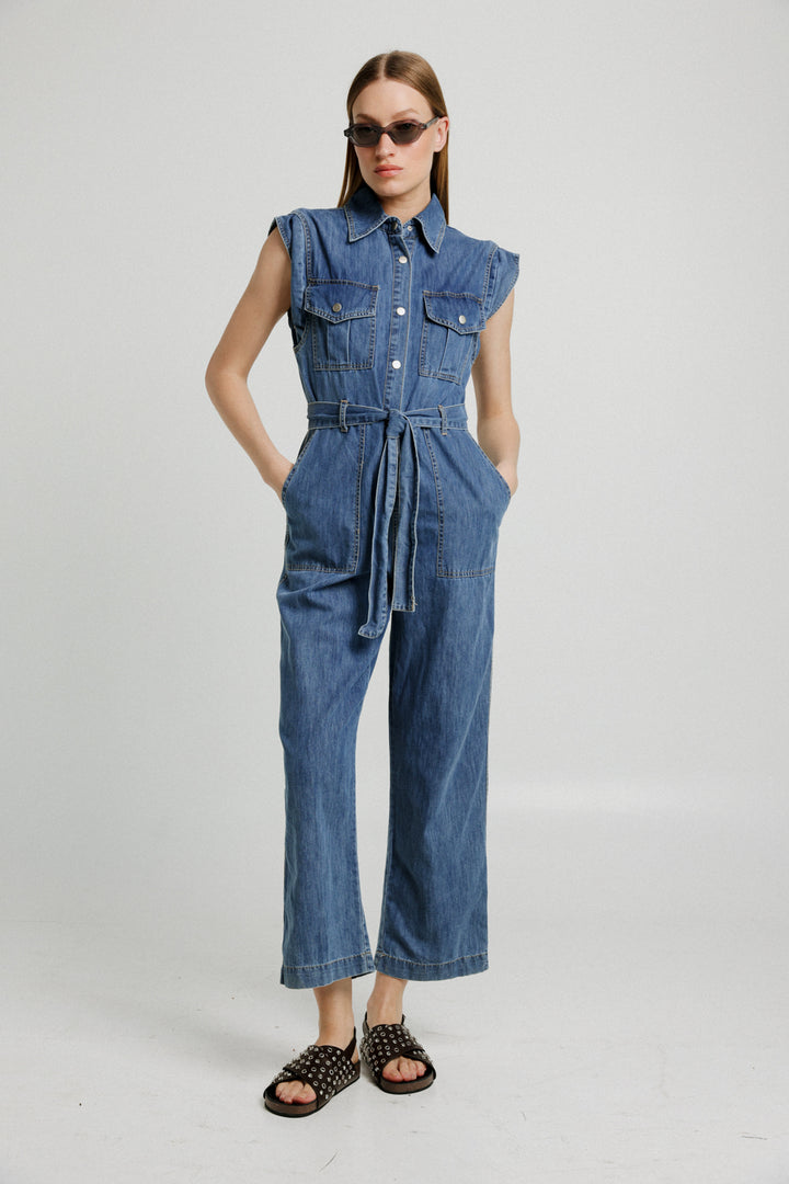 Wide Leg Blue Denim Jumpsuit