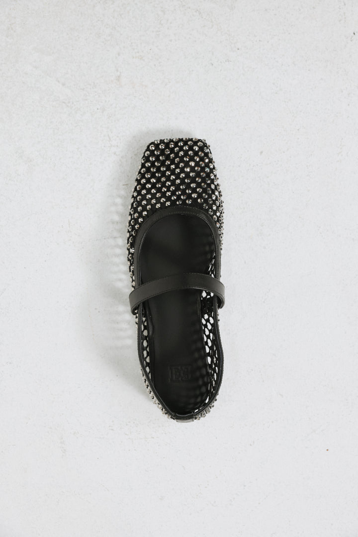 Black Studded Mesh Ballerina Flats
