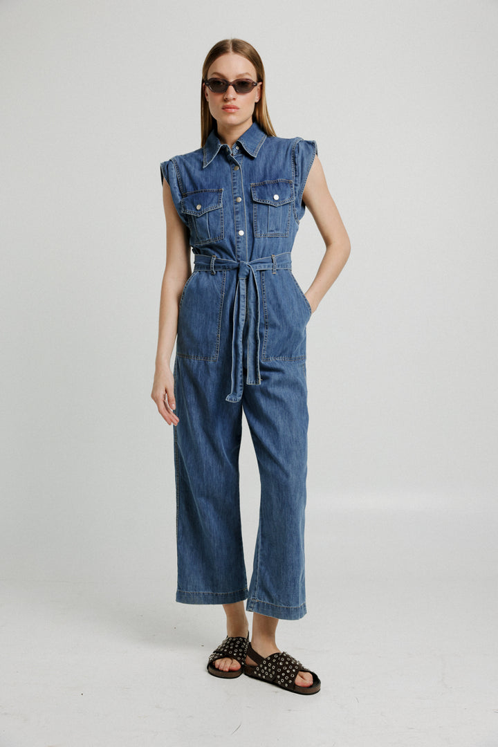 Wide Leg Blue Denim Jumpsuit