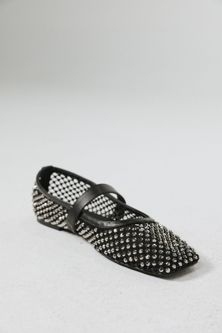 Black Studded Mesh Ballerina Flats