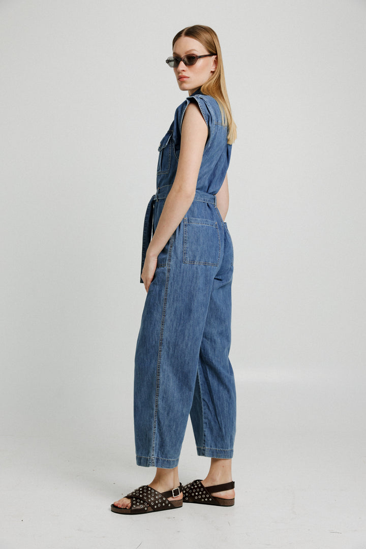 Wide Leg Blue Denim Jumpsuit