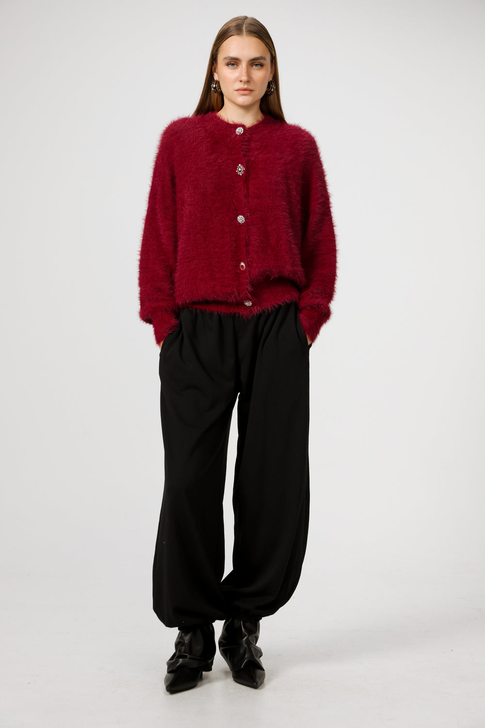 קרדיגן בצבע אדום לנשים Fuzzy Wine Cardigan 