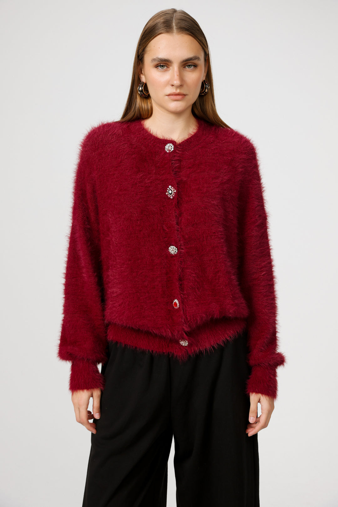 Fuzzy Wine Cardigan קרדיגן סריג אדום