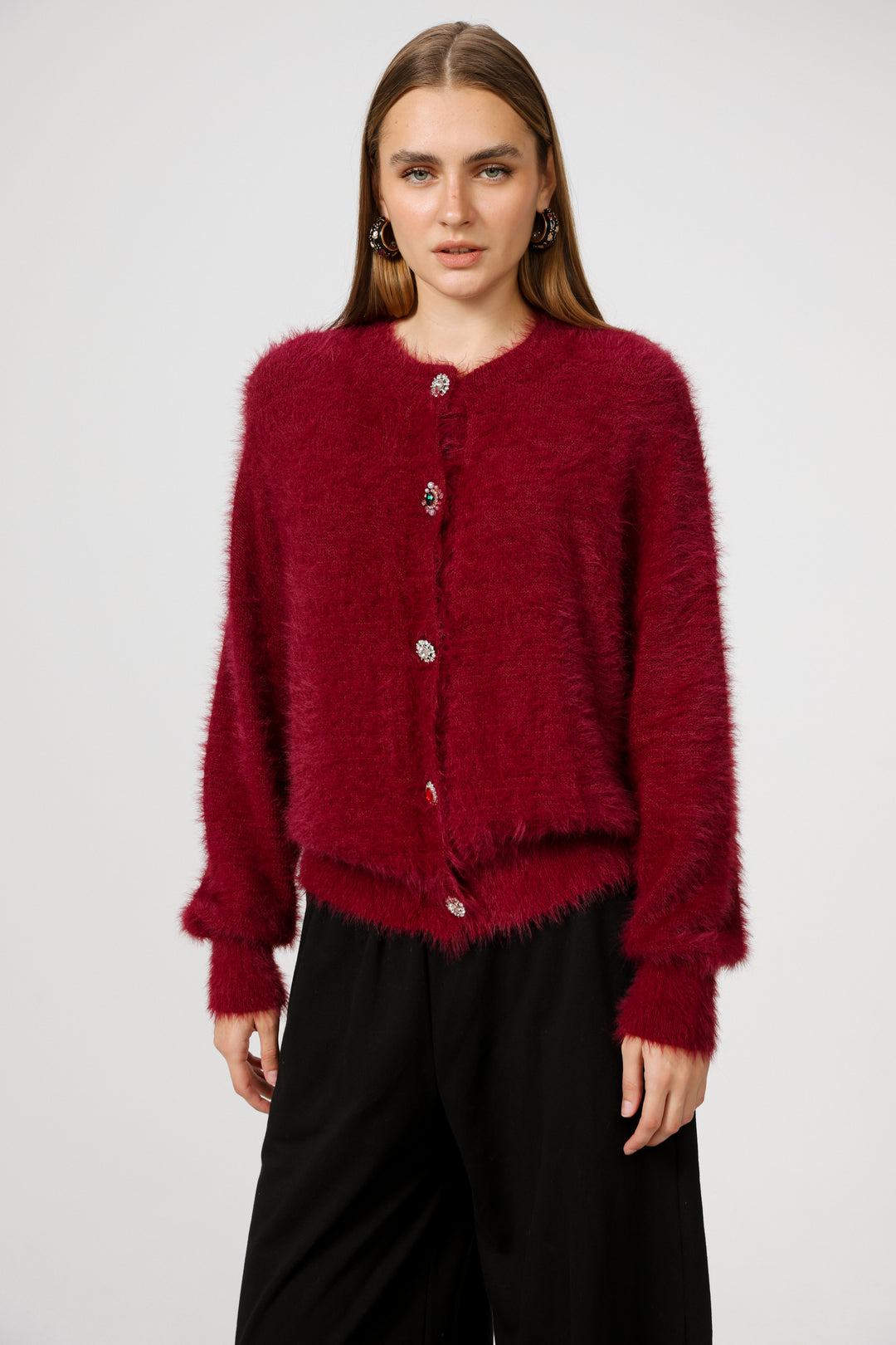 סריג קרדיגן אדום לאישה Fuzzy Wine Cardigan 