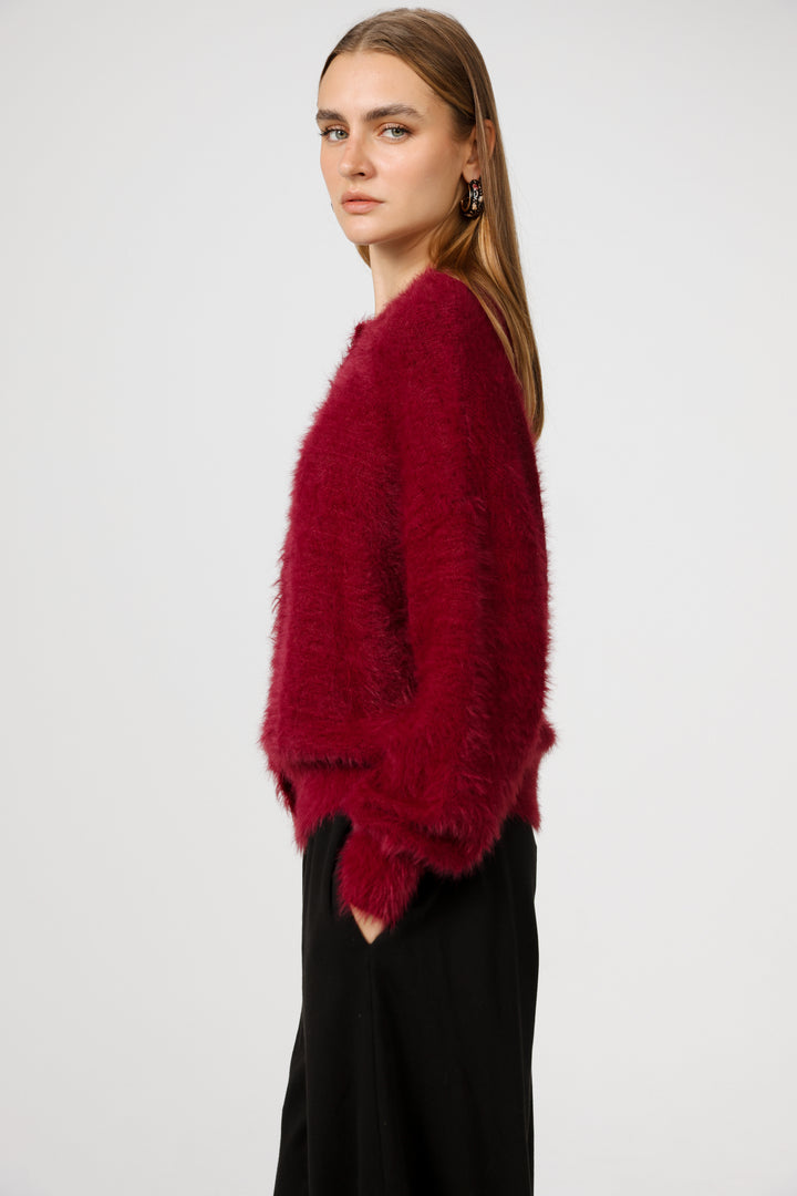 קרדיגן אדום נשים Fuzzy Wine Cardigan 