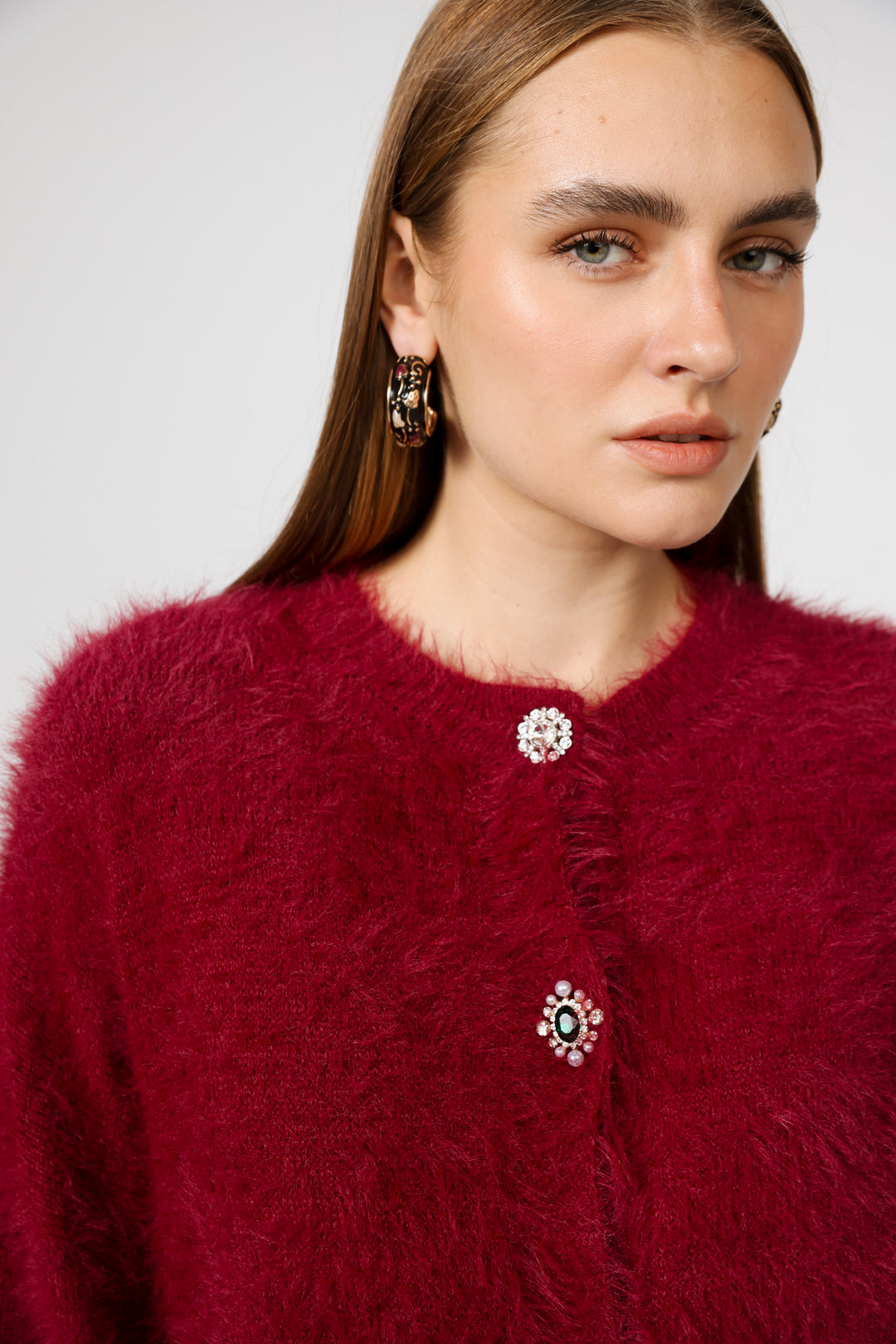קרדיגן אדום עם כפתורים דקורטיביים Fuzzy Wine Cardigan 