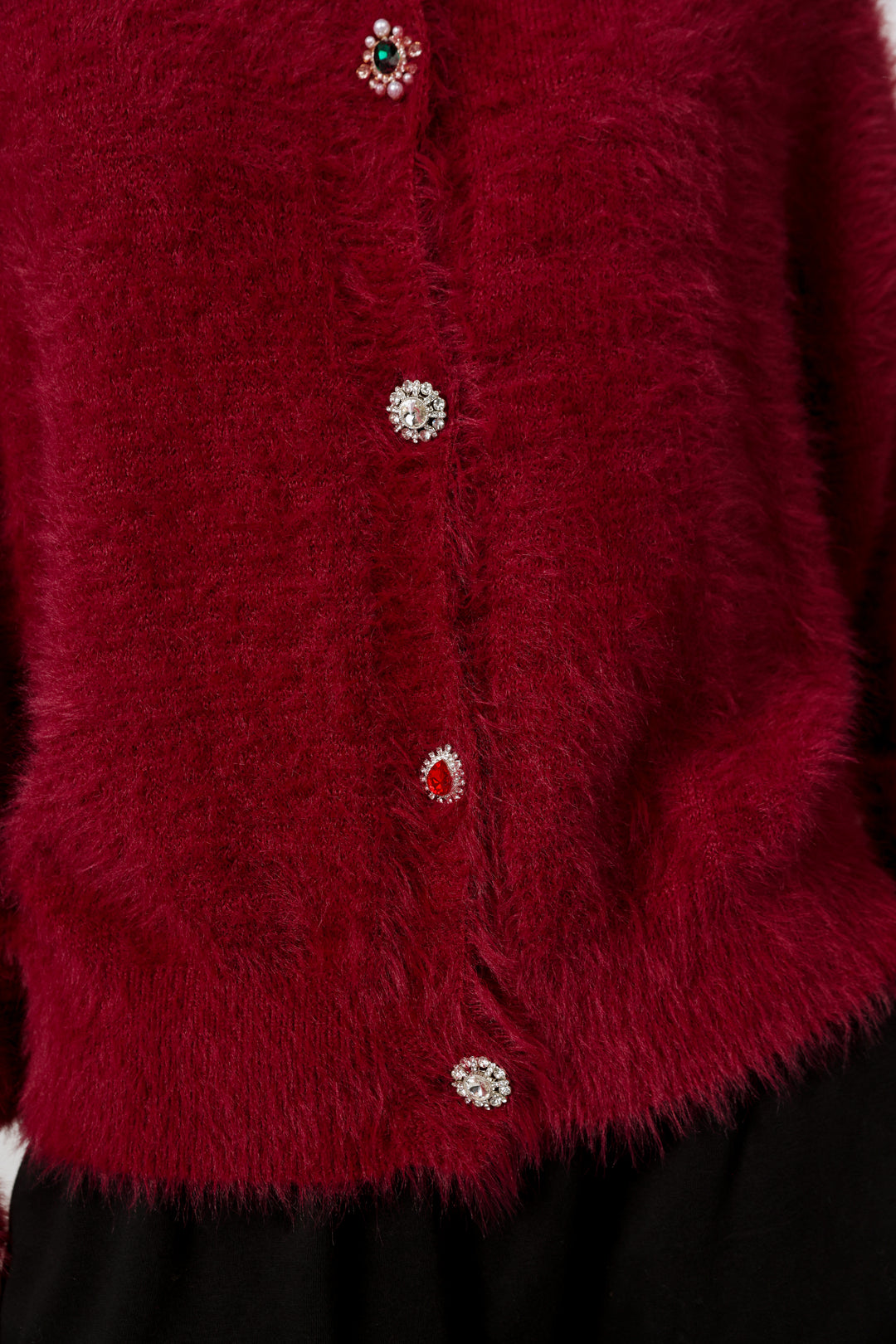 קרדיגן אדום עם כפתורי תכשיטים Fuzzy Wine Cardigan 