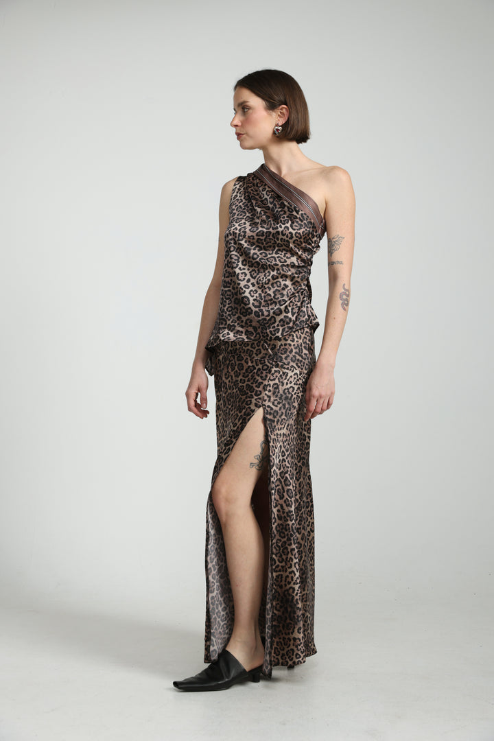Leopard Satin Maxi Skirt חצאית מנומרת עם שסע צדדי