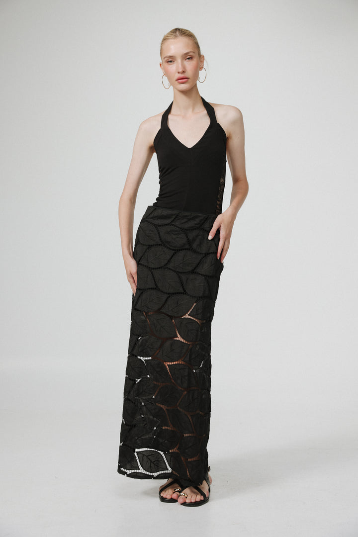 Leaves Black Maxi Skirt