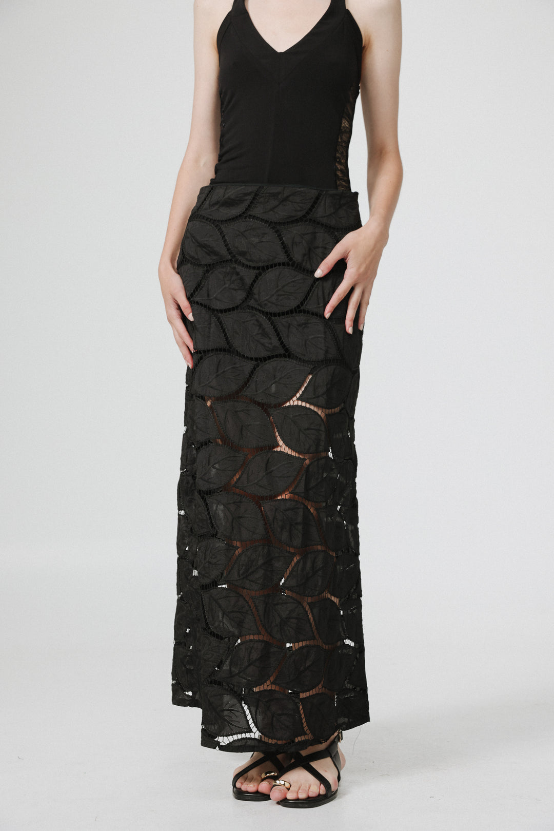 Leaves Black Maxi Skirt