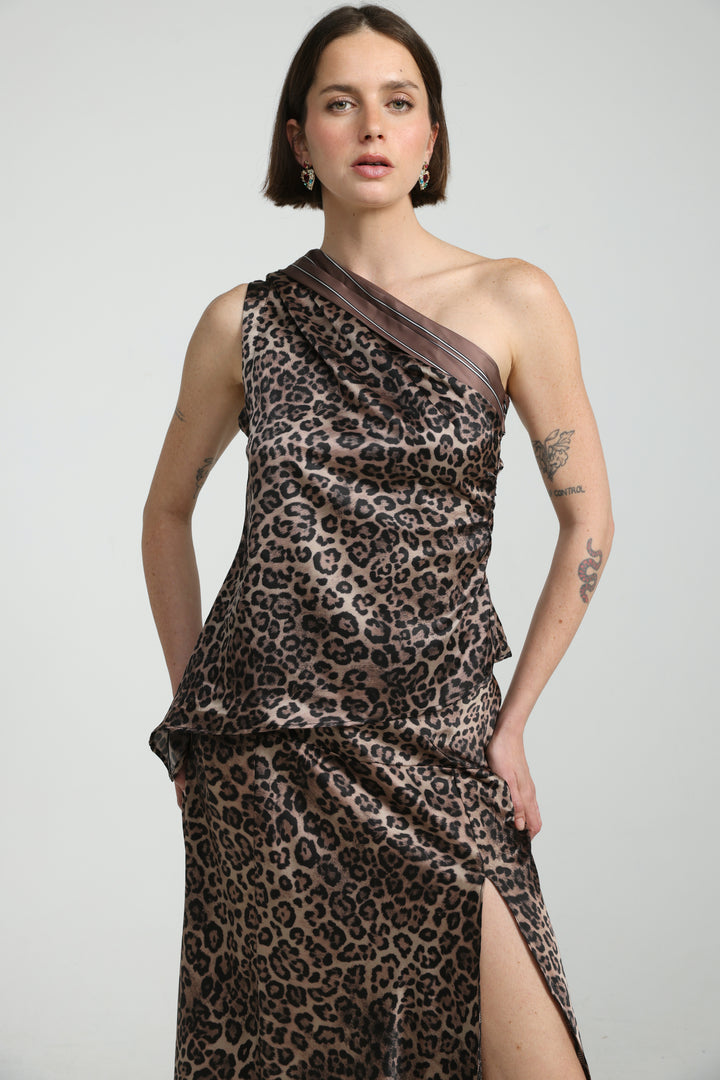 Leopard One Shoulder Satin Top