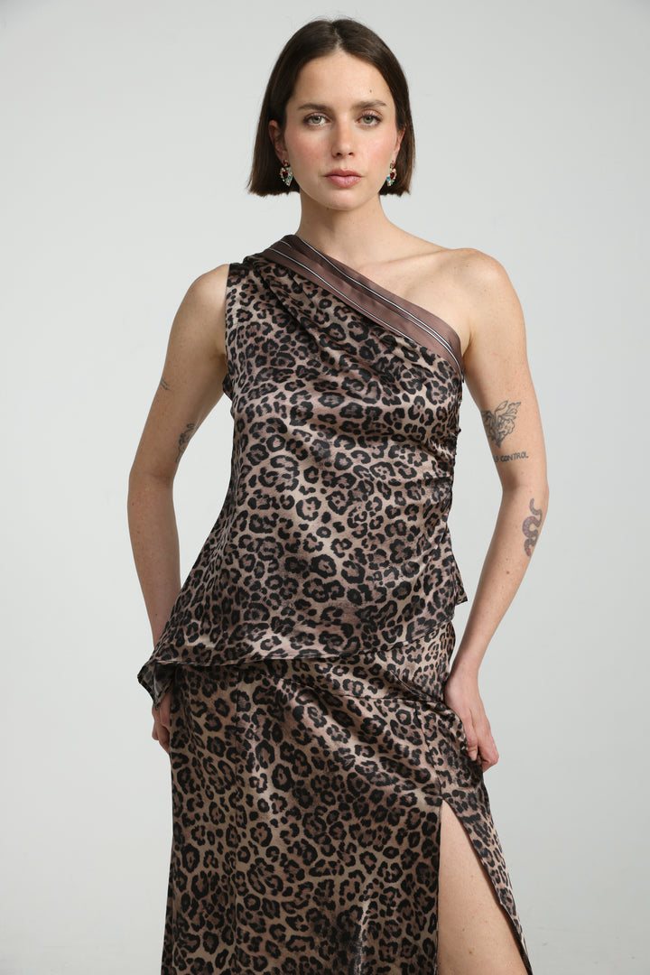 Leopard One Shoulder Satin Top