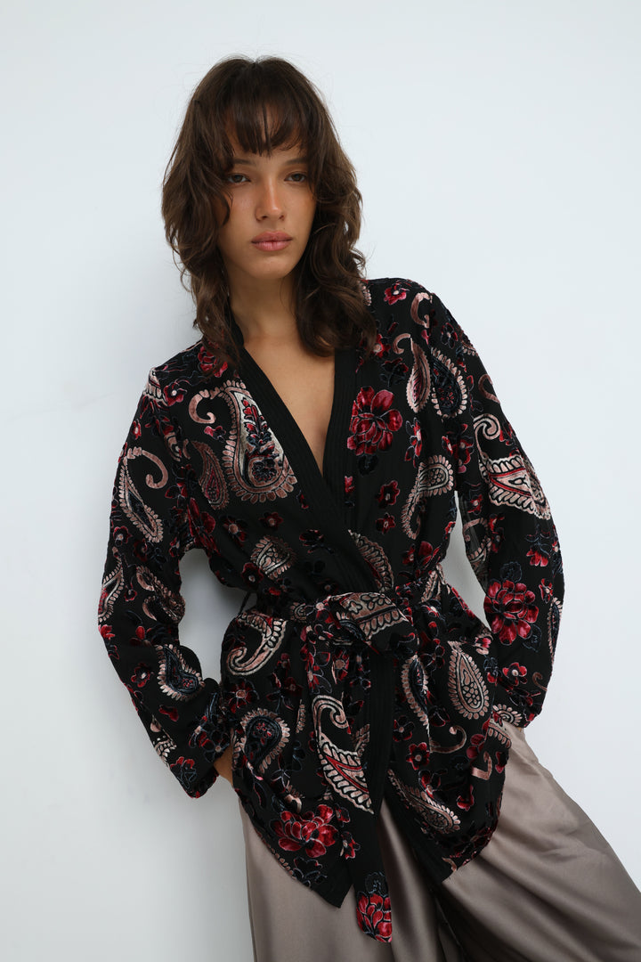 Incense Black Floral Kimono
