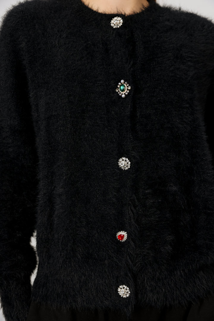 קרדיגן שחור עם כפתורים דקורטיביים Fuzzy Black Cardigan