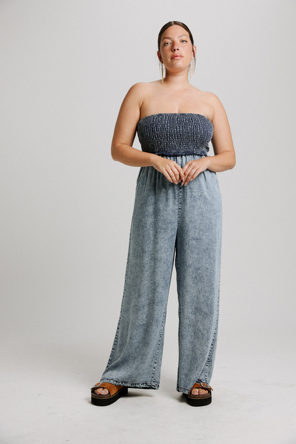 Wide Leg Denim Blue Strapless Jumpsuit