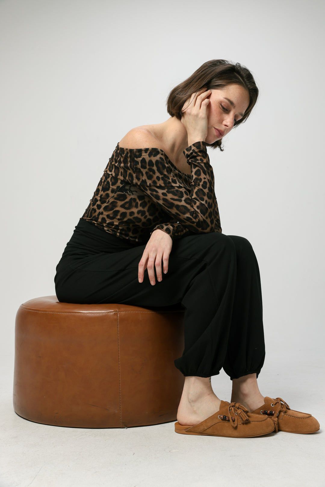 Camel/Beads Suede Moccasin Mule