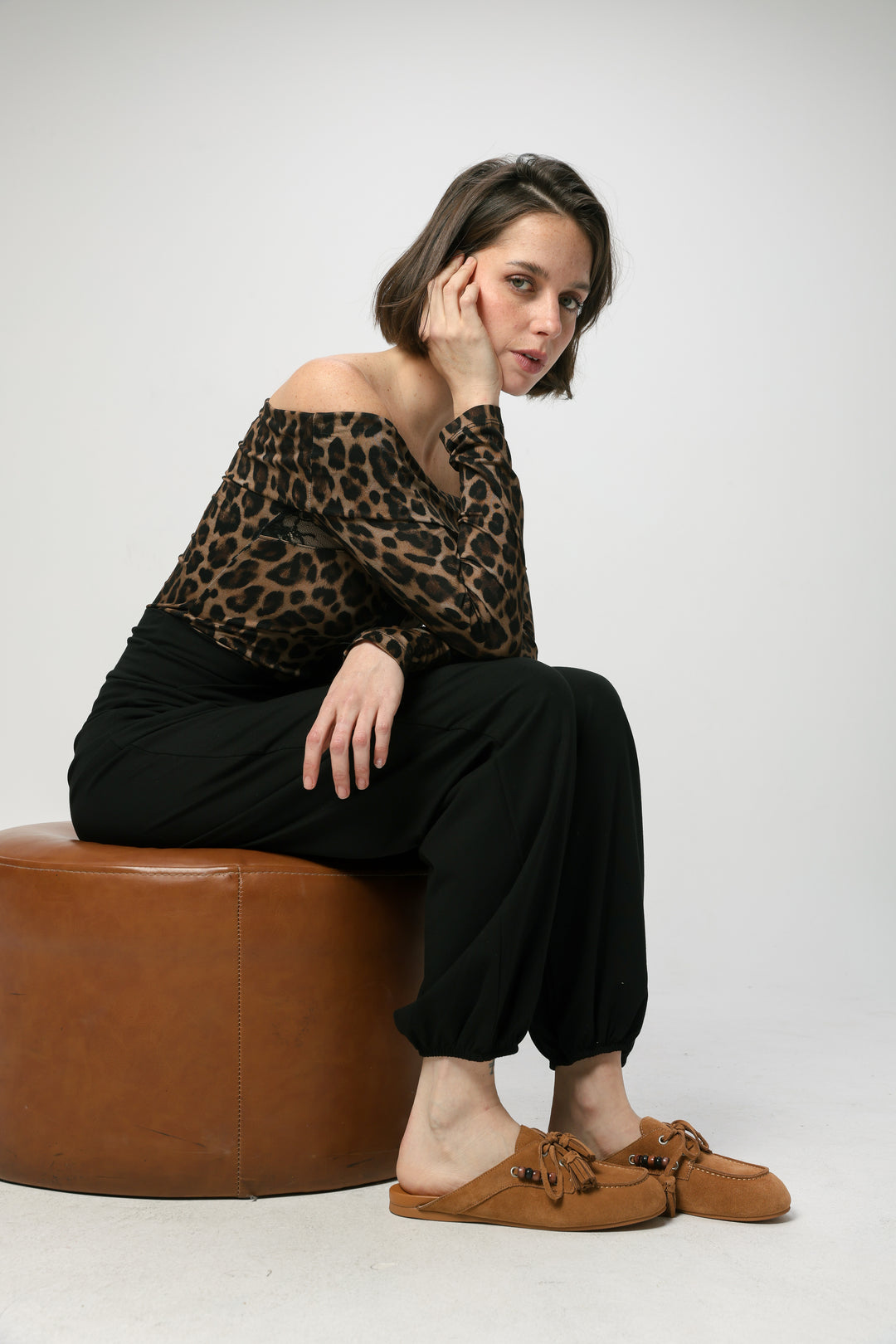 Camel/Beads Suede Moccasin Mule