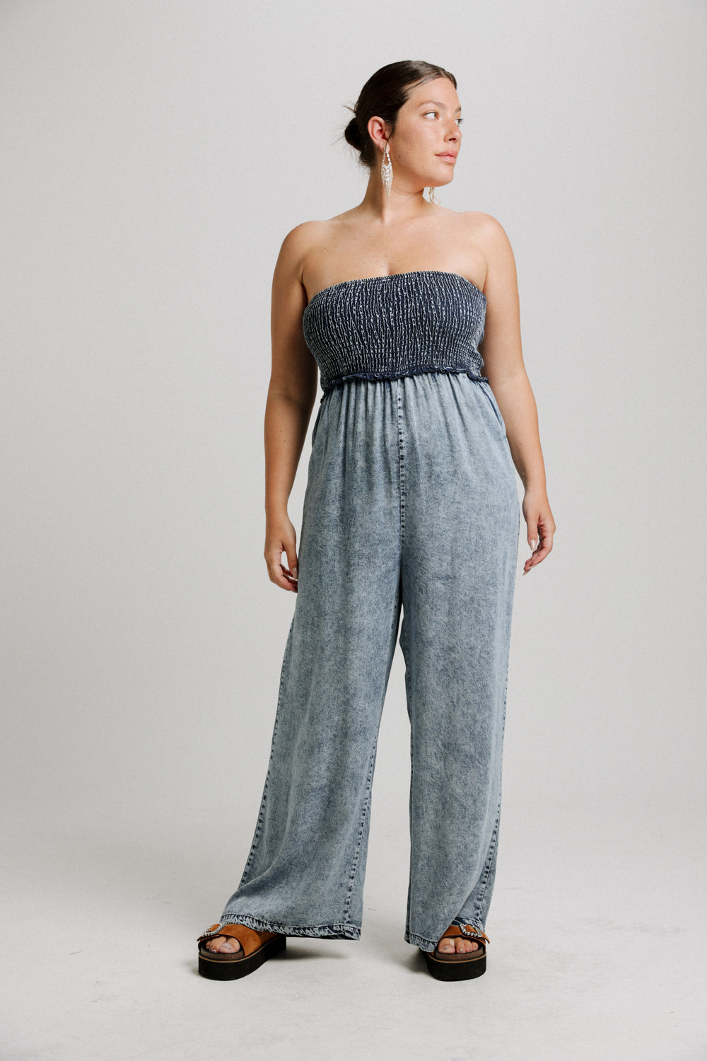 Wide Leg Denim Blue Strapless Jumpsuit