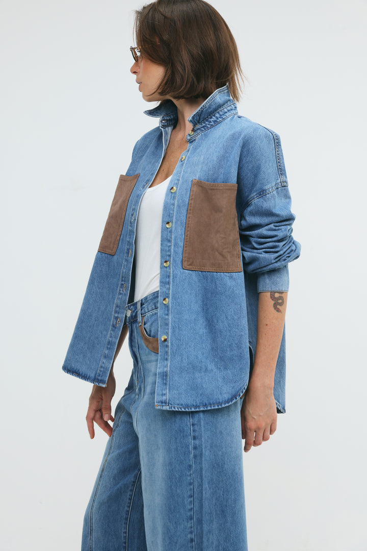 Suede Pocket Light Blue Denim Shirt