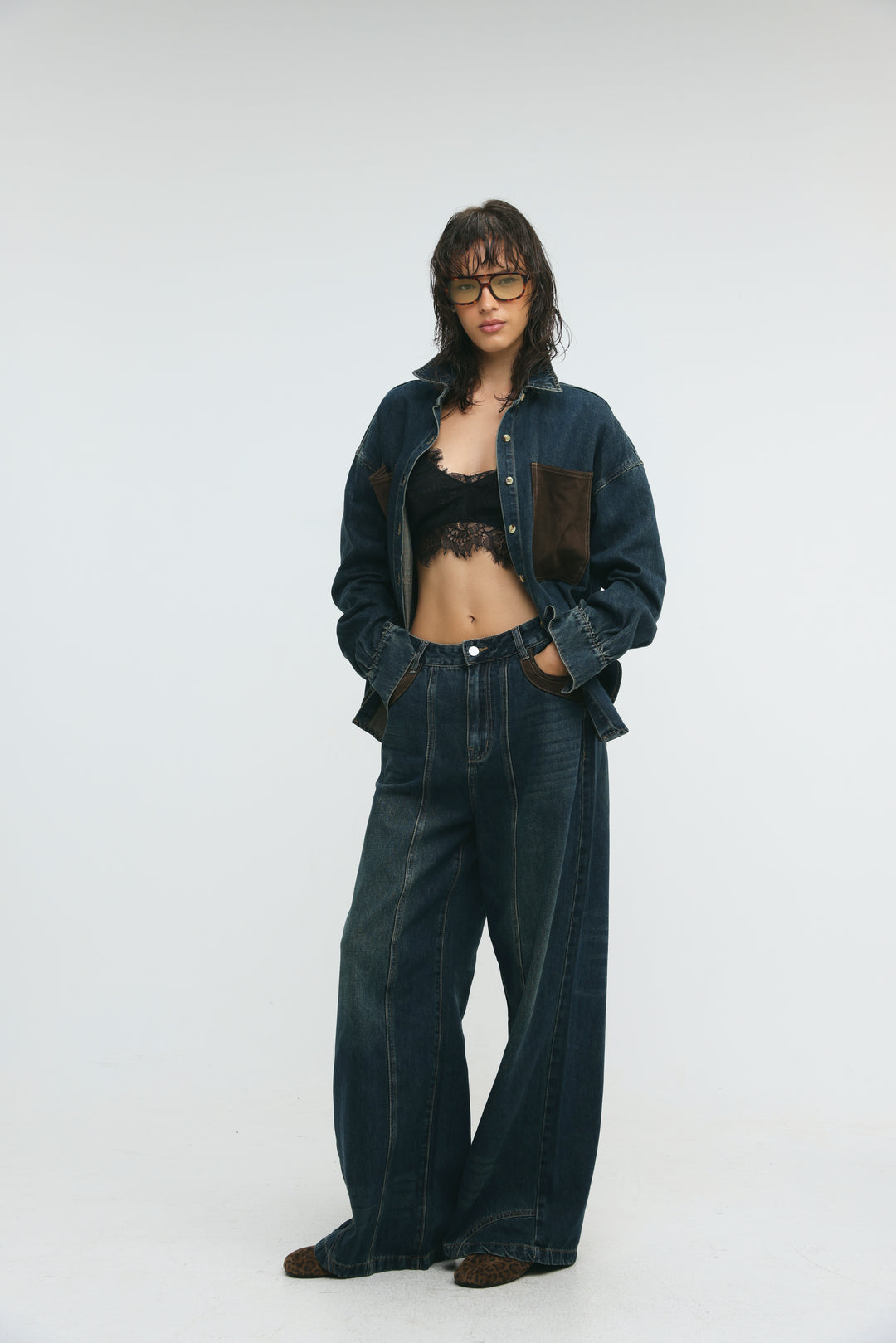 Suede Pocket Dark Blue Denim Shirt
