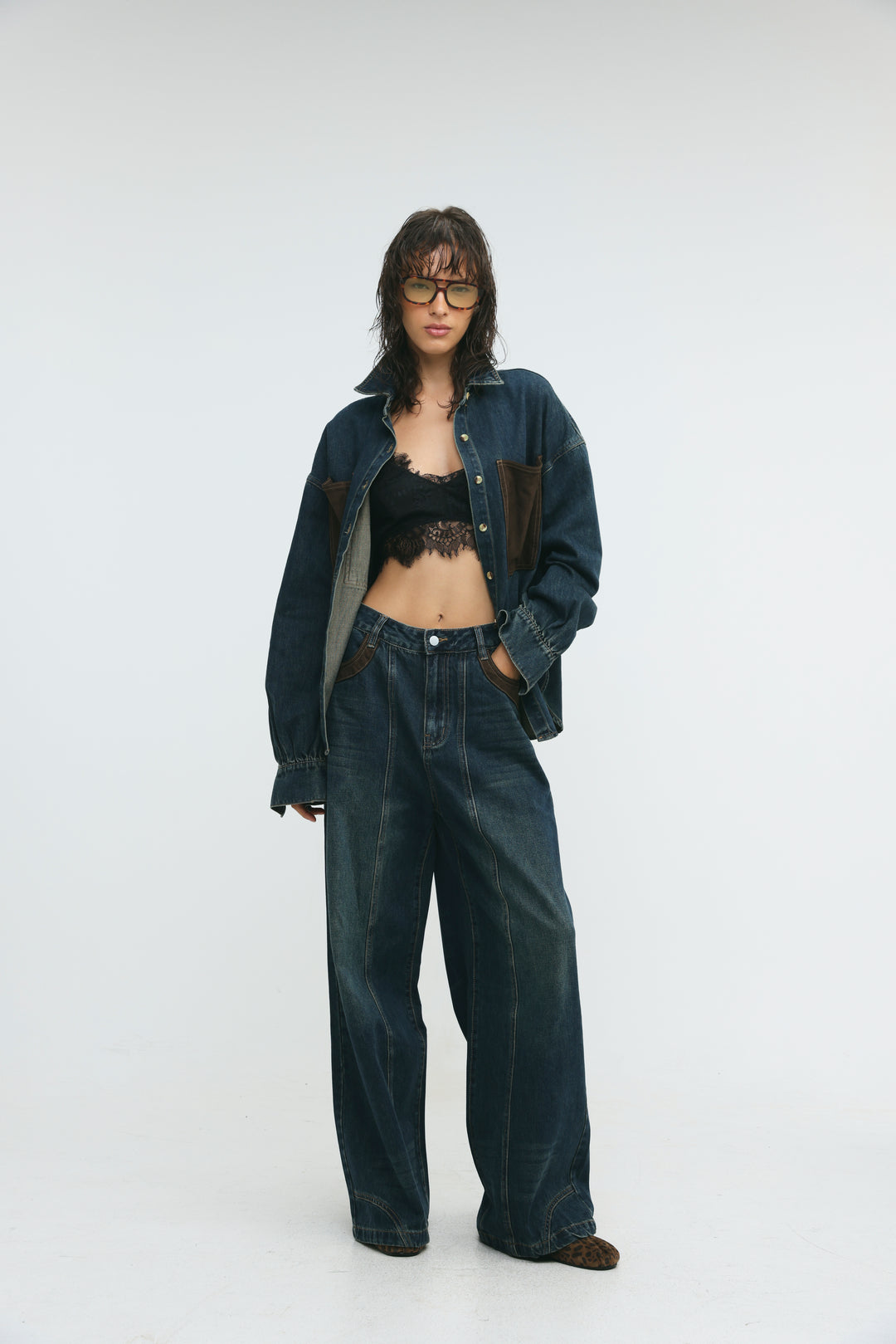 Suede Pocket Dark Blue Denim Shirt