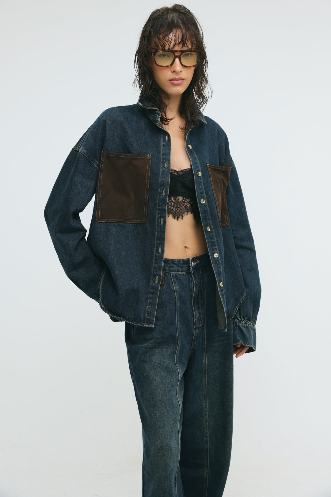 Suede Pocket Dark Blue Denim Shirt