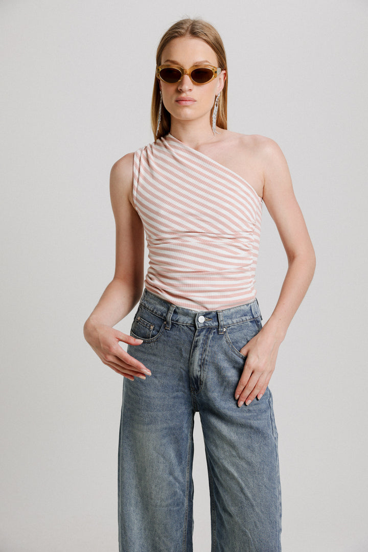 Pink Striped One Shoulder Top