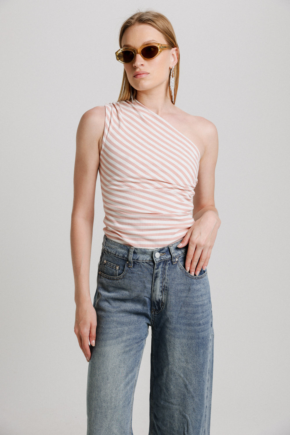 Pink Striped One Shoulder Top