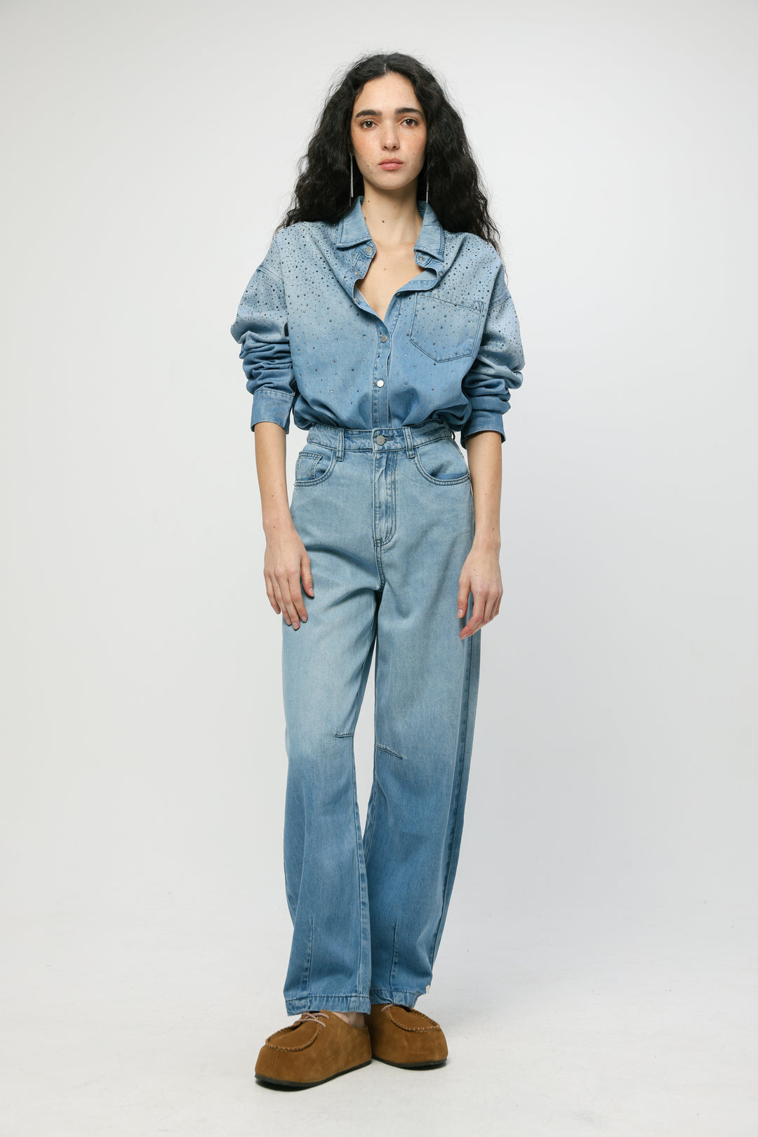 Rhinestones Blue Denim Shirt