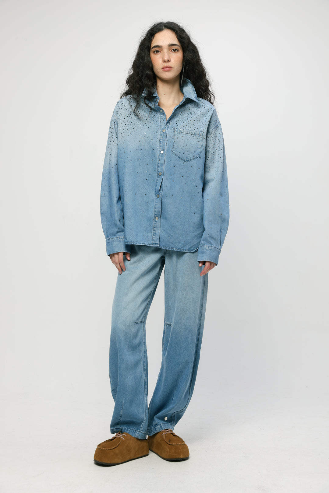 Rhinestones Blue Denim Shirt