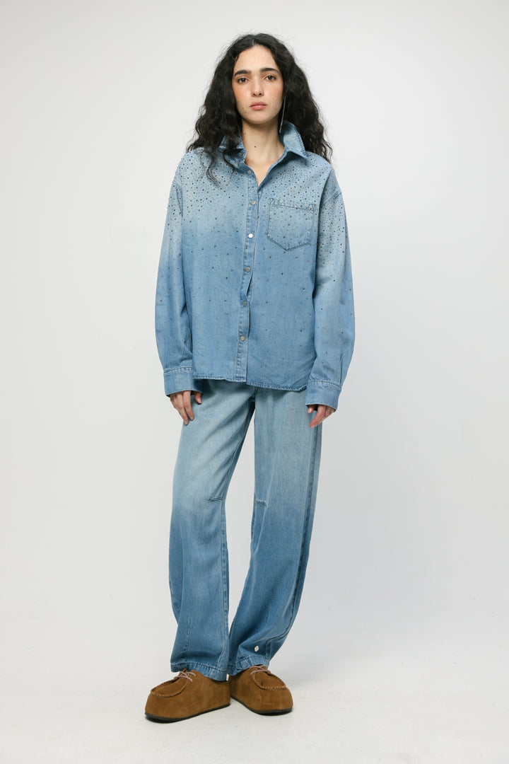 Rhinestones Blue Denim Shirt