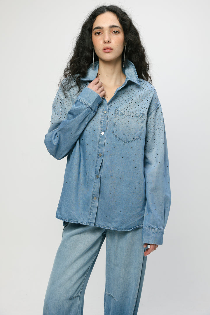 Rhinestones Blue Denim Shirt