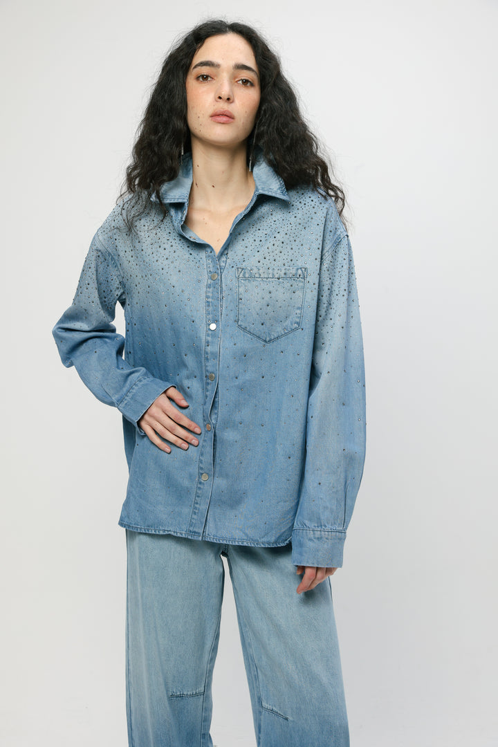 Rhinestones Blue Denim Shirt