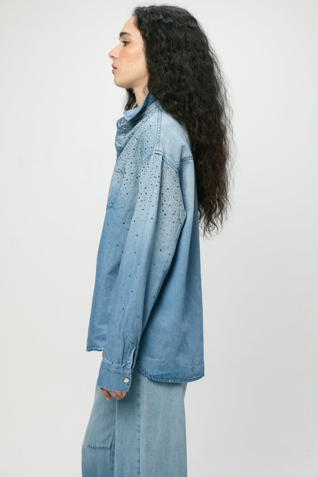 Rhinestones Blue Denim Shirt