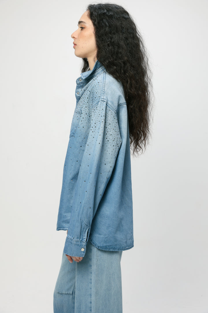 Rhinestones Blue Denim Shirt